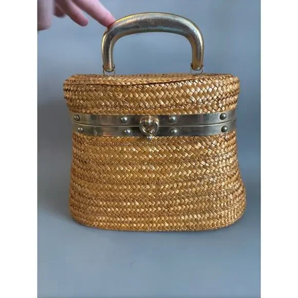 Vtg Straw Purse Oval Box Handbag Fabric Lined 1950s/ 1960s Italy - Read Details - Picture 2 of 15